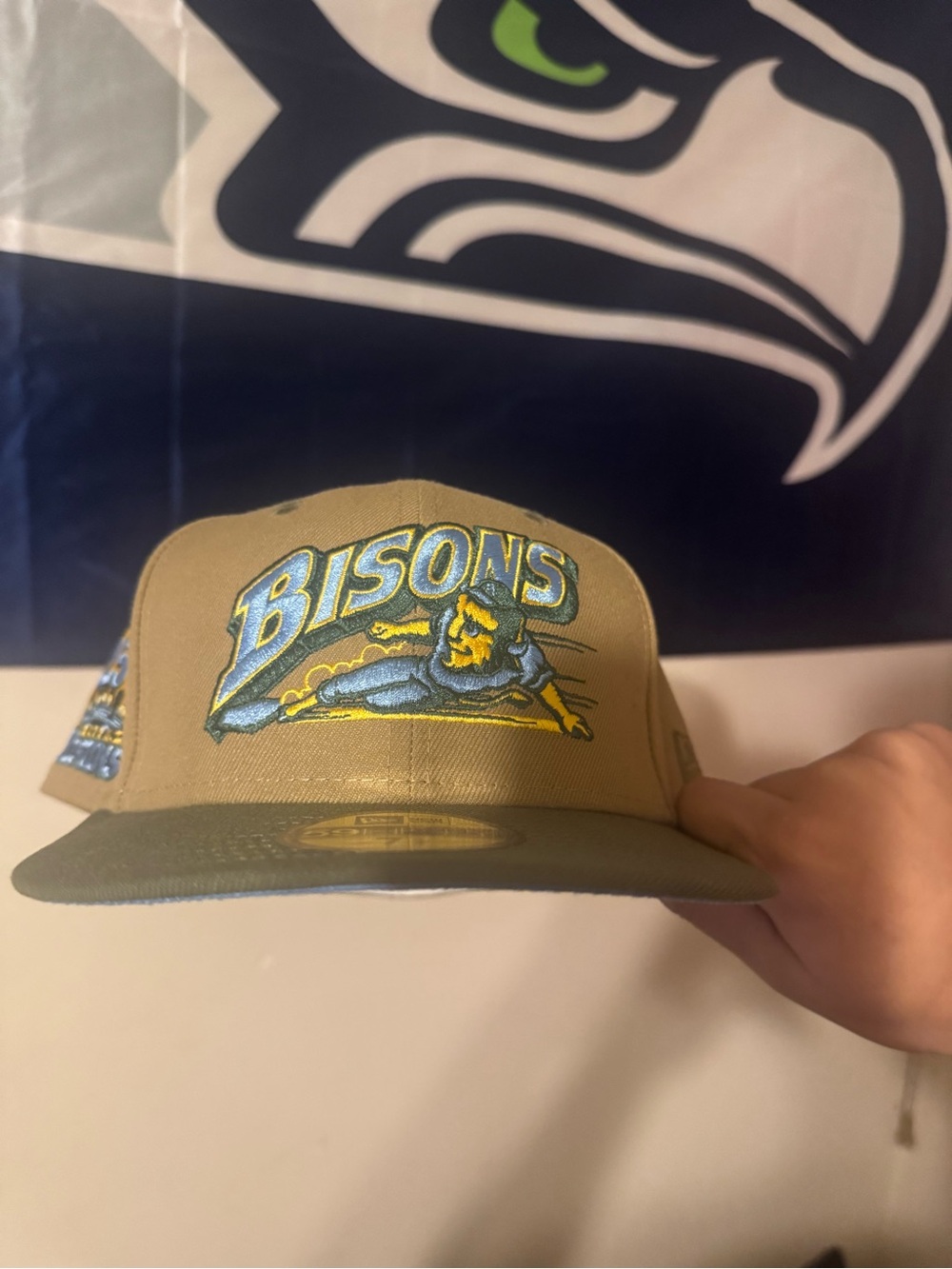 MLB Bisons Snapback Hat in Tan and Olive with Blue Logo